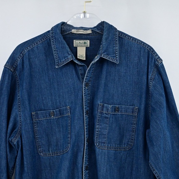 LL Bean M L/T100% Cotton Heavy Denim Traditional Fit Long Sleeve Shirt Classic - Picture 2 of 12